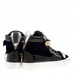 Giuseppe Zanotti Navy Blue Velvet and Black Leather Coby High Top Sneakers Size 43