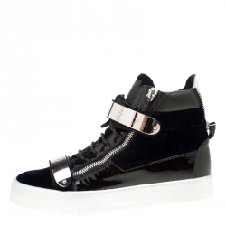 Giuseppe Zanotti Navy Blue Velvet and Black Leather Coby High Top Sneakers Size 43