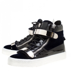 Giuseppe Zanotti Navy Blue Velvet and Black Leather Coby High Top Sneakers Size 43