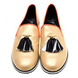 Pre Owned Giuseppe Zanotti Metallic Gold Leather Tassel Detail Smoking Slippers Size 42.5
