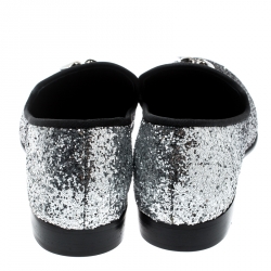 Pre Owned Giuseppe Zanotti Metallic Black/Silver Coarse Glitter Kevin Shark Tooth Tassel Smoking Slippers Size 43.5