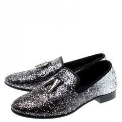 Pre Owned Giuseppe Zanotti Metallic Black/Silver Coarse Glitter Kevin Shark Tooth Tassel Smoking Slippers Size 43.5