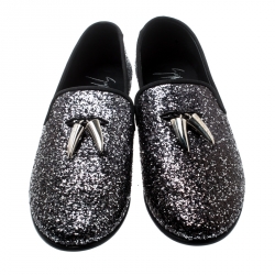 Pre Owned Giuseppe Zanotti Metallic Black/Silver Coarse Glitter Kevin Shark Tooth Tassel Smoking Slippers Size 43.5