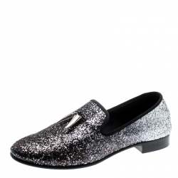 Pre Owned Giuseppe Zanotti Metallic Black/Silver Coarse Glitter Kevin Shark Tooth Tassel Smoking Slippers Size 43.5