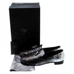 Pre Owned Giuseppe Zanotti Metallic Black/Silver Coarse Glitter Kevin Shark Tooth Tassel Smoking Slippers Size 43.5