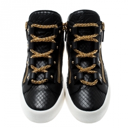 Pre Owned Giuseppe Zanotti Black Leather London Birel Chain Embellished High Top Sneakers Size 43.5