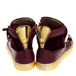 Pre Owned Giuseppe Zanotti Burgundy/Gold Velvet and Patent Leather Coby High Top Sneakers Size 43.5