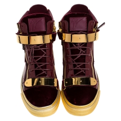 Pre Owned Giuseppe Zanotti Burgundy/Gold Velvet and Patent Leather Coby High Top Sneakers Size 43.5