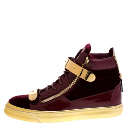 Pre Owned Giuseppe Zanotti Burgundy/Gold Velvet and Patent Leather Coby High Top Sneakers Size 43.5