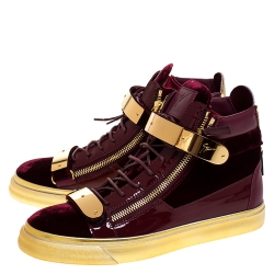 Pre Owned Giuseppe Zanotti Burgundy/Gold Velvet and Patent Leather Coby High Top Sneakers Size 43.5