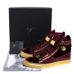 Pre Owned Giuseppe Zanotti Burgundy/Gold Velvet and Patent Leather Coby High Top Sneakers Size 43.5