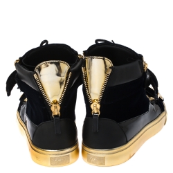 Pre Owned Giuseppe Zanotti Black/Gold Velvet and Leather Coby High Top Sneakers Size 44