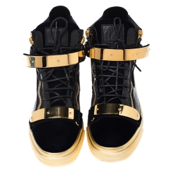 Pre Owned Giuseppe Zanotti Black/Gold Velvet and Leather Coby High Top Sneakers Size 44