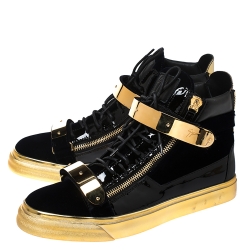 Pre Owned Giuseppe Zanotti Black/Gold Velvet and Leather Coby High Top Sneakers Size 44
