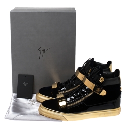 Pre Owned Giuseppe Zanotti Black/Gold Velvet and Leather Coby High Top Sneakers Size 44