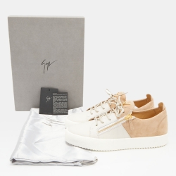 Pre Owned Giuseppe Zanotti Light Brown/Grey Suede and Leather Low Top Sneakers Size 43