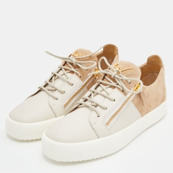 Pre Owned Giuseppe Zanotti Light Brown/Grey Suede and Leather Low Top Sneakers Size 43
