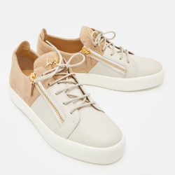 Pre Owned Giuseppe Zanotti Light Brown/Grey Suede and Leather Low Top Sneakers Size 43