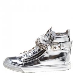 Pre Owned Giuseppe Zanotti Metallic Silver Mirrored Leather London High Top Sneakers Size 43