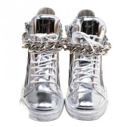 Pre Owned Giuseppe Zanotti Metallic Silver Mirrored Leather London High Top Sneakers Size 43