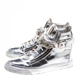 Pre Owned Giuseppe Zanotti Metallic Silver Mirrored Leather London High Top Sneakers Size 43