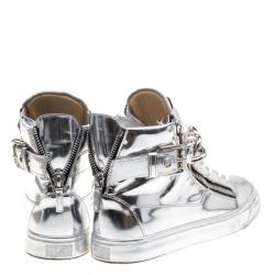 Pre Owned Giuseppe Zanotti Metallic Silver Mirrored Leather London High Top Sneakers Size 43