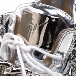 Pre Owned Giuseppe Zanotti Metallic Silver Mirrored Leather London High Top Sneakers Size 43
