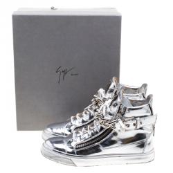 Pre Owned Giuseppe Zanotti Metallic Silver Mirrored Leather London High Top Sneakers Size 43
