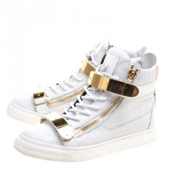 Giuseppe Zanotti White Croc Embossed Leather London High Top Sneakers Size 41