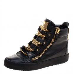 Pre Owned Giuseppe Zanotti Black Leather London Birel Chain Embellished High Top Sneakers Size 43