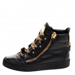 Pre Owned Giuseppe Zanotti Black Leather London Birel Chain Embellished High Top Sneakers Size 43