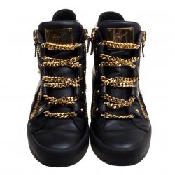 Pre Owned Giuseppe Zanotti Black Leather London Birel Chain Embellished High Top Sneakers Size 43