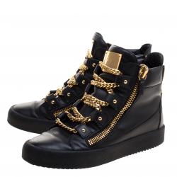 Pre Owned Giuseppe Zanotti Black Leather London Birel Chain Embellished High Top Sneakers Size 43