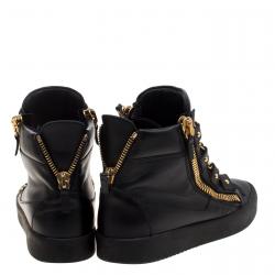 Pre Owned Giuseppe Zanotti Black Leather London Birel Chain Embellished High Top Sneakers Size 43