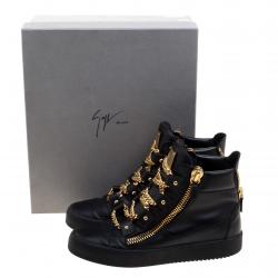 Pre Owned Giuseppe Zanotti Black Leather London Birel Chain Embellished High Top Sneakers Size 43