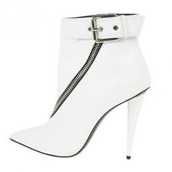 Pre Owned Giuseppe Zanotti White Leather Asymmetrical Zip Ankle Boots Size 38