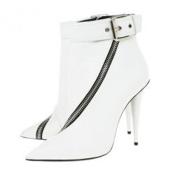 Pre Owned Giuseppe Zanotti White Leather Asymmetrical Zip Ankle Boots Size 38
