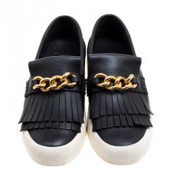 Pre Owned Giuseppe Zanotti Black Fringed Leather Slip On Sneakers Size 42