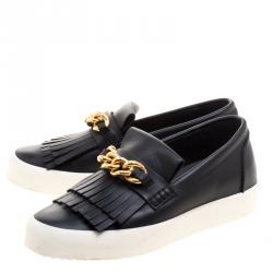 Pre Owned Giuseppe Zanotti Black Fringed Leather Slip On Sneakers Size 42