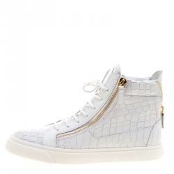 Pre Owned Giuseppe Zanotti White Croc Embossed Leather London High Top Sneakers Size 46