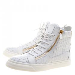 Pre Owned Giuseppe Zanotti White Croc Embossed Leather London High Top Sneakers Size 46