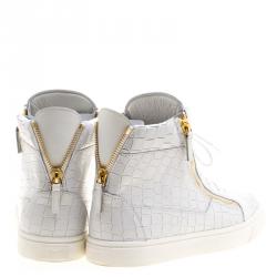 Pre Owned Giuseppe Zanotti White Croc Embossed Leather London High Top Sneakers Size 46
