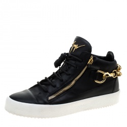 Pre Owned Giuseppe Zanotti Black Leather London Chain Embellished High Top Sneakers Size 44