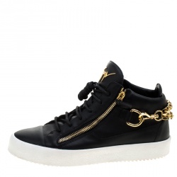 Pre Owned Giuseppe Zanotti Black Leather London Chain Embellished High Top Sneakers Size 44