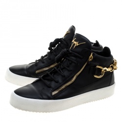 Pre Owned Giuseppe Zanotti Black Leather London Chain Embellished High Top Sneakers Size 44