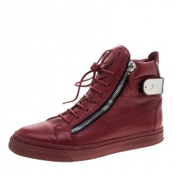Pre Owned Giuseppe Zanotti Red Leather Metal Accent High Top Sneakers Size 40