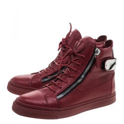 Pre Owned Giuseppe Zanotti Red Leather Metal Accent High Top Sneakers Size 40