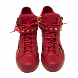 Pre Owned Giuseppe Zanotti Red Leather Studded High Top Sneakers Size 42