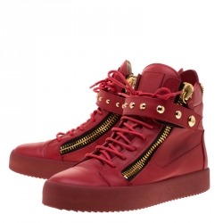 Pre Owned Giuseppe Zanotti Red Leather Studded High Top Sneakers Size 42