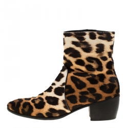 Pre Owned Giuseppe Zanotti Beige Leopard Print Calf Hair Ankle Boots Size 41.5